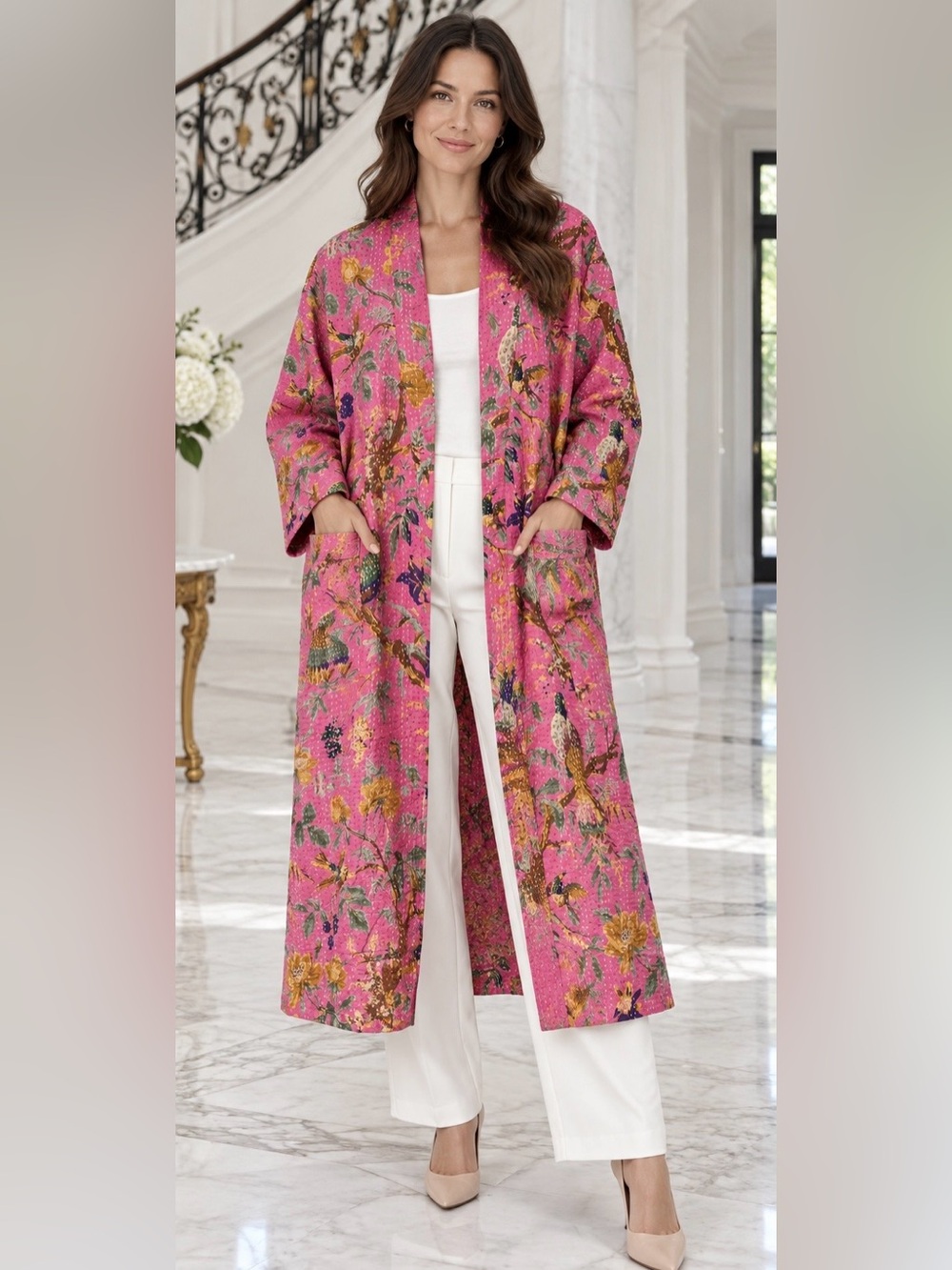 Pink Kantha Robe Long Floral Bird Print Open Front Jacket with Pockets